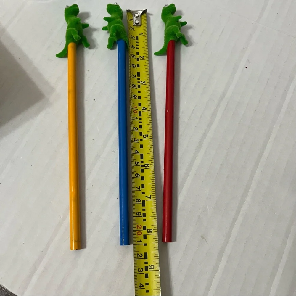 Vintage Dinosaur Pencil Set w/Ceramic Cup Holder & 3 Wooden Pencils w/ Toppers